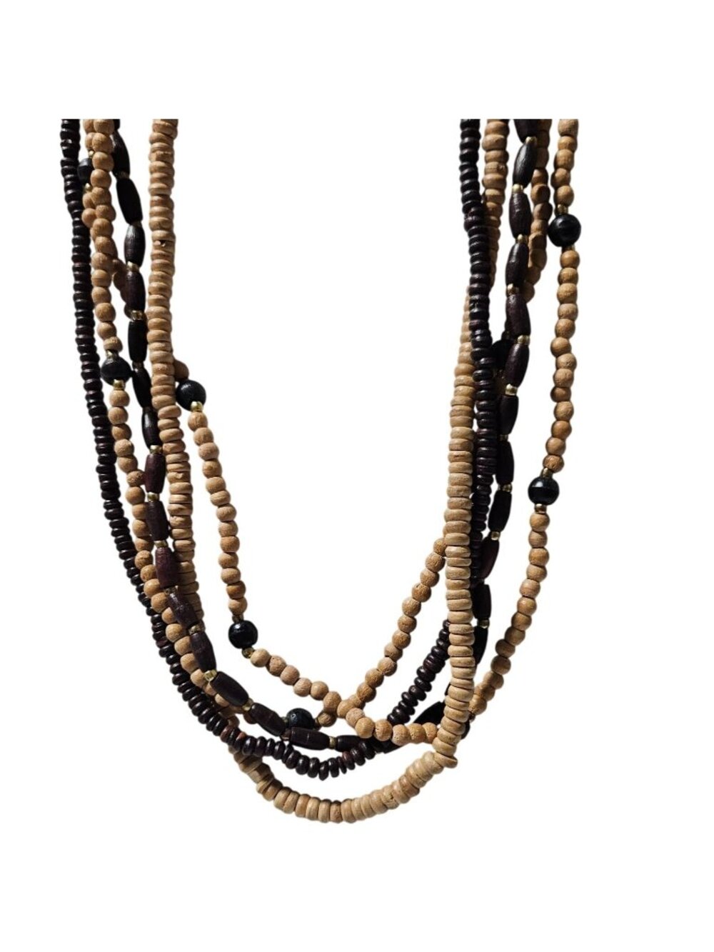 Boho Wooden Beaded Necklace Multi Strand Artisan Beachy Earthy Fashion Jewelry